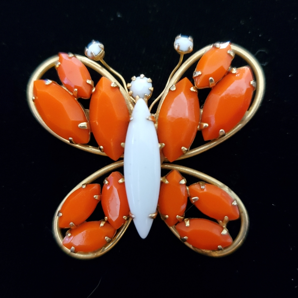 Cute Vintage Orange and White Butterfly  Brooch